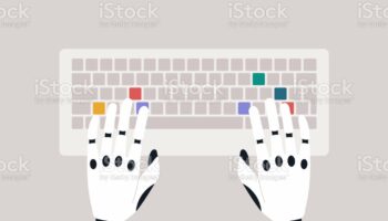 istockphoto-1338554029-2048x2048 A top view of robotic hands typing on a keyboard, machine learning concept, futuristic technologies