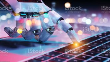 Robotic hand pressing a keyboard on a laptop 3D rendering